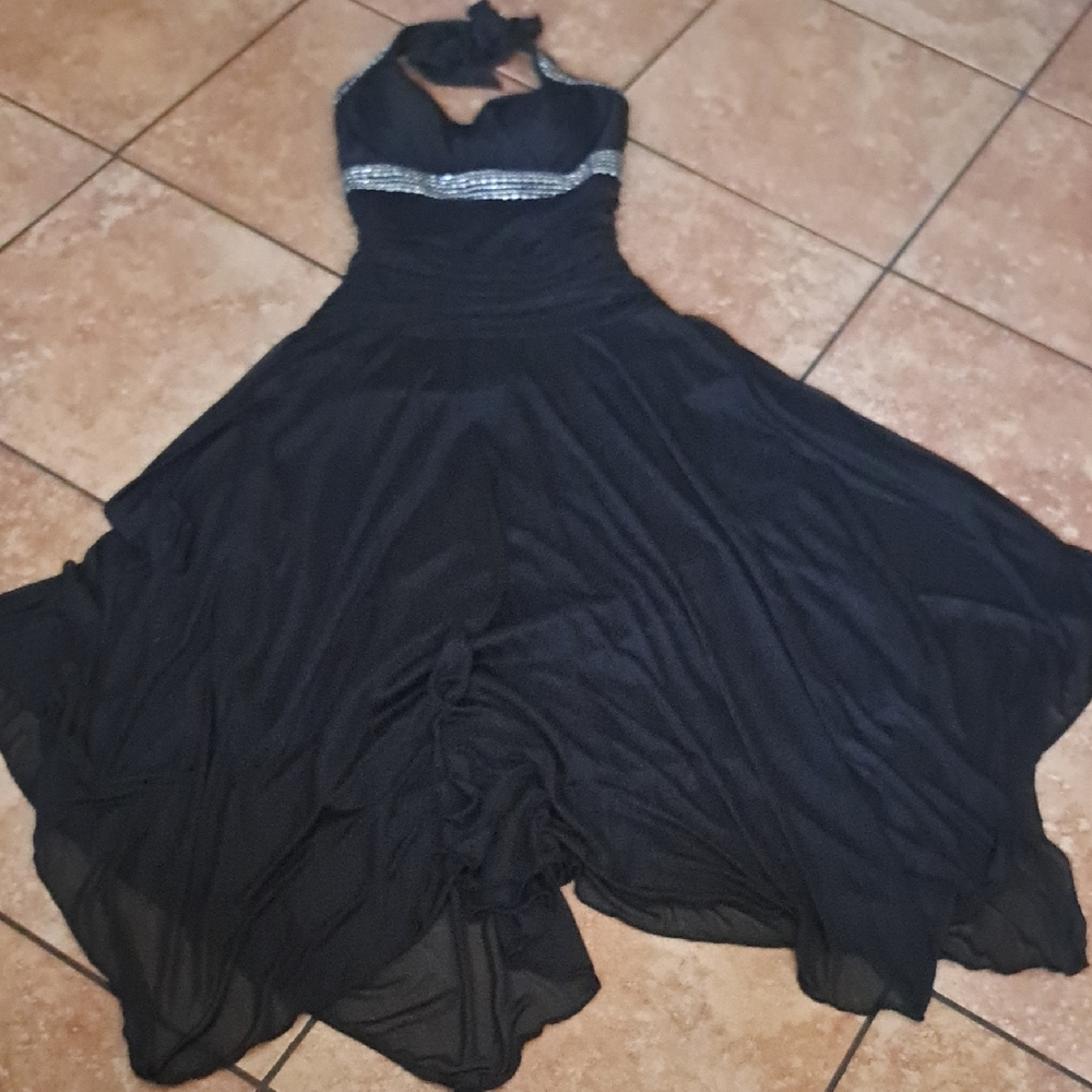 Trixxi Black Halter-Back Evening Dress with Rhinestone Band